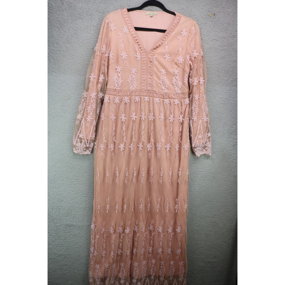 Polagram Long Sleeve Mesh Embroidered Overlay Maxi Dress-Sheer-Large-Cottagecore